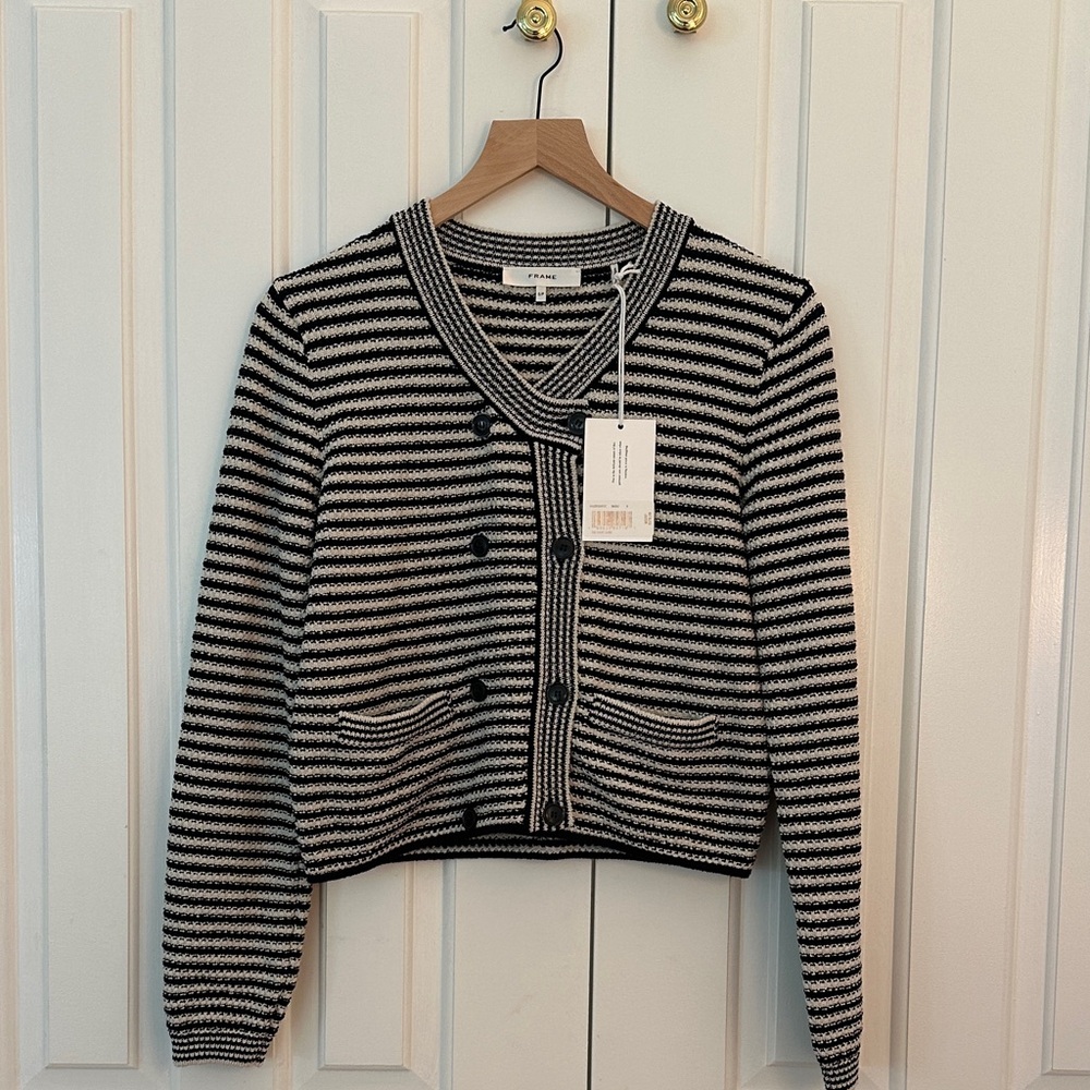 Frame Denim Black and White Striped Knit Cardigan